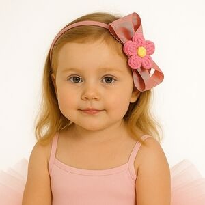 Hand Crafted Pink Bow Hairband Hand knit Crochet Puffy Flower pink and yellow